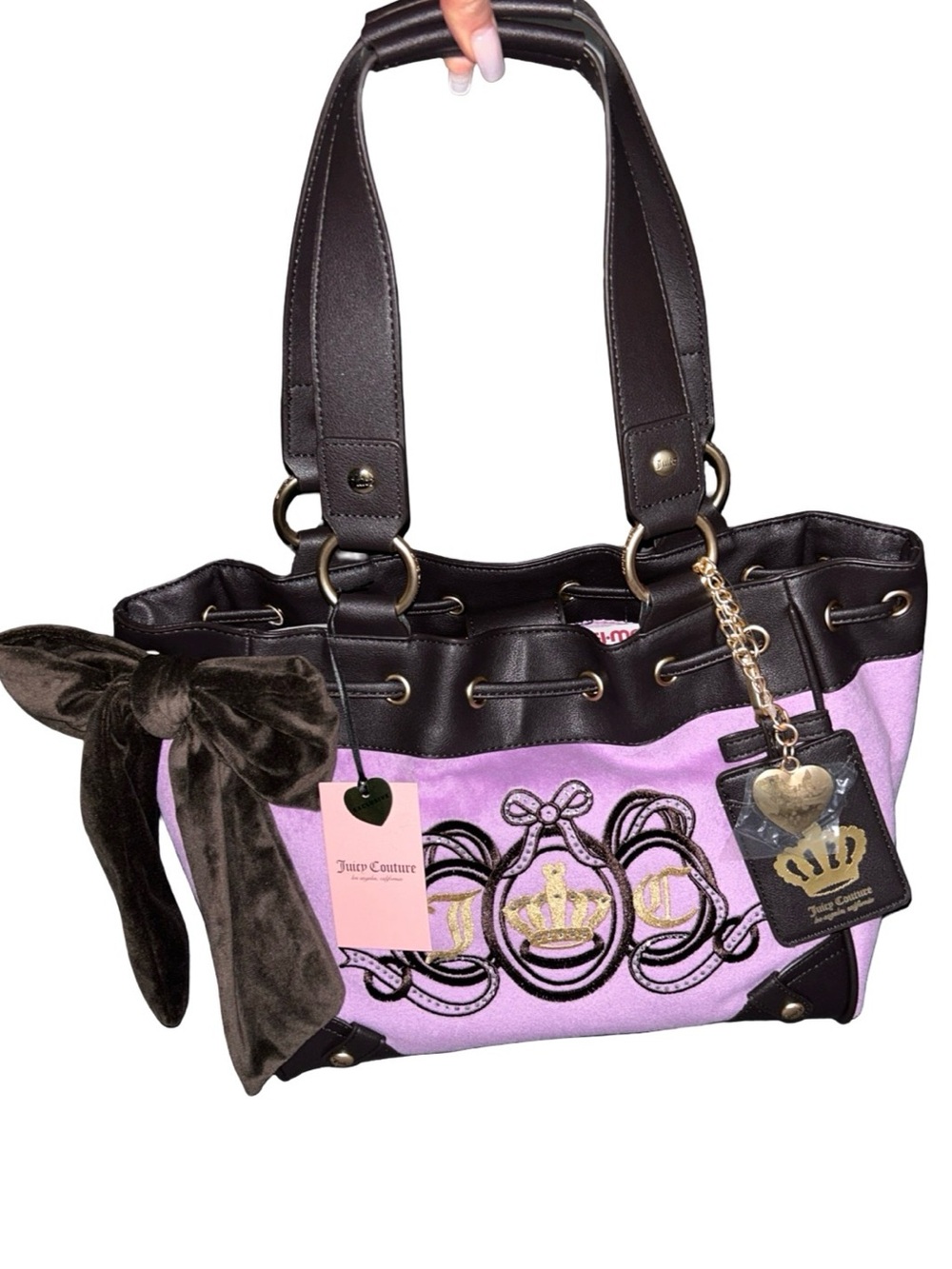 JUICY COUTURE EXCLUSIVE JUICY LOVERS CLUB BLING CROWN TOTE BROWN VELOUR & VIOLET
